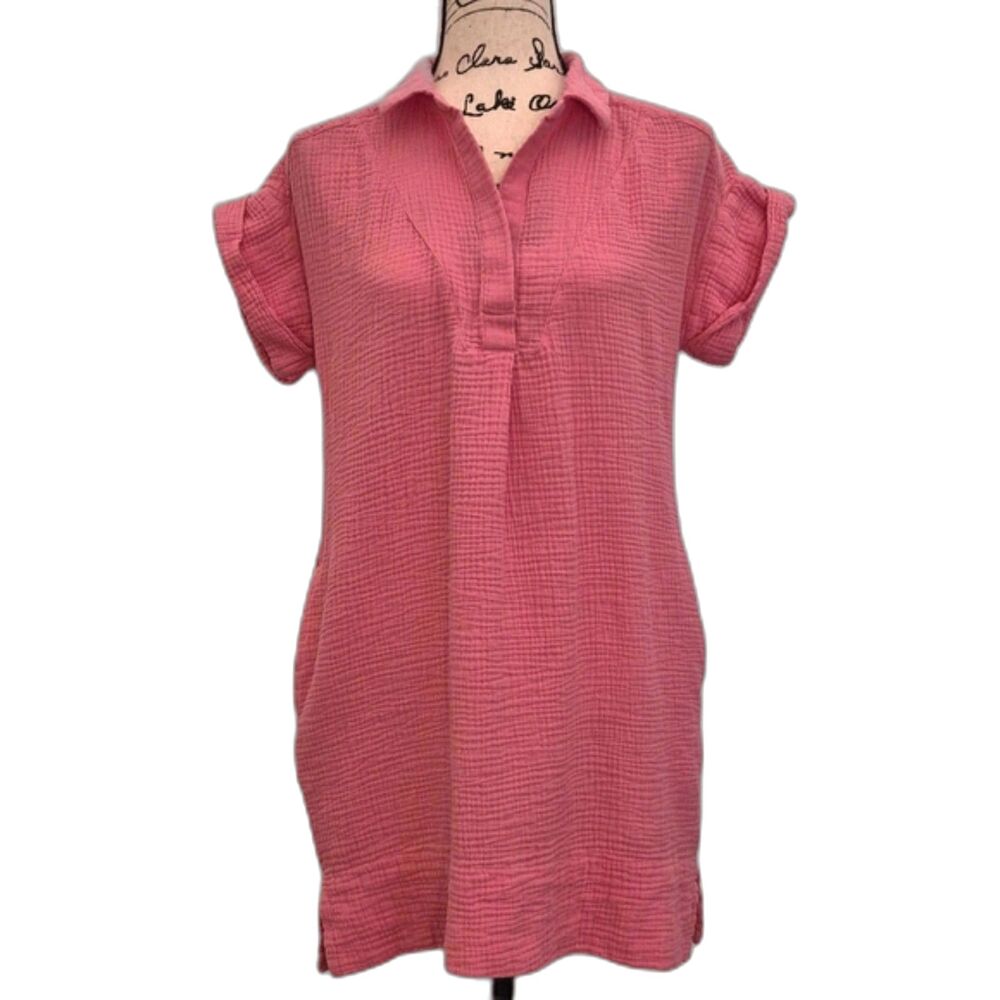J.Crew Pink Cotton Gauze Shirt Dress S Collared SS Pockets Summer Shift Dress